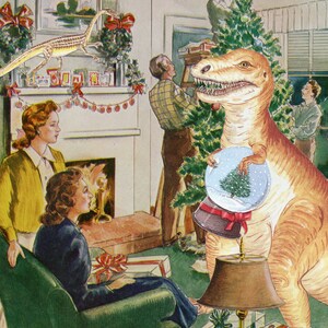 Sneeuwbol - Seizoensgebonden boxset met dinosauruskerstkaarten van Unusual Cards. Grappige handgesneden collages = nog meer dinosaurusfeest voor jou.