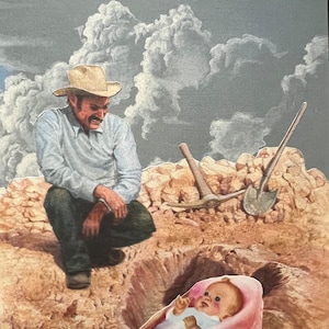 Dirt Nickerchen für Baby, eine originale handgeschnittene Kunstcollage mit einem gesunden Cowboy und seinem kleinen Dirt Baby. Hier kommen Babys her.