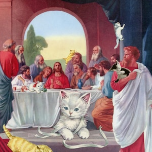 The Cats Supper Kunstdruck - fertig zum Einrahmen + Aufhängen, tolles Geschenk für deine Katzenfreunde. Jesus weiß, dass es nie zu viele Katzen gibt. Mehrere Größen!