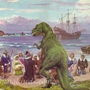 O Primeiro Dia de Ação de Graças - impressão artística em vários tamanhos! A América estava cheia de dinossauros quando os peregrinos chegaram a Plymouth Rock.