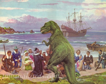 The First Thanksgiving - art print in various sizes! America was filled with dinosaurs when the pilgrims arrived at Plymouth Rock.