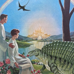 Paradise Lost, un collage artistico originale tagliato a mano con una visione della terra promessa e dei dinosauri in paradiso, che ci aspettano in gloria