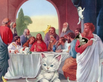 The Cats Supper, an original hand cut art collage featuring cats and kittens at Jesus's last supper