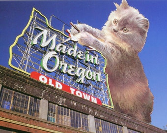 Giant Cats of Portland Postcard Set featuring 21 different cats taking over scenic Portland Oregon and causing adorable destruction