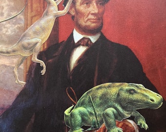 Honest Abe, an original hand cut art collage featuring true American presidential history of Abraham Lincoln and dinosaurs in his hair