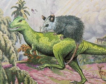 In the Begininning, an original hand, cut collage, featuring an opossum and a dinosaur frolicking together through the garden of Eden