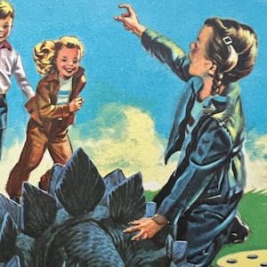 The Stray, eine originelle kleine, handgeschnittene Kunstcollage mit einigen Kindern, die einen streunenden Stegosaurus-Dinosaurier entdecken, den sie für ein Haustier halten