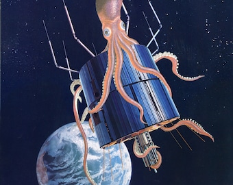 End Transmission, an original hand cut art collage - Space squid attacks a satellite, heralding the age of Lovecraft cephalopods
