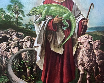 The Good Shepherd, an original hand cut art collage featuring the our Lord, carrying his favorite lost Dino through the valley of death