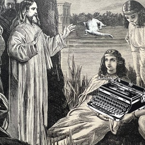 Cómo se escribió la Biblia, un collage artístico original cortado a mano que representa la verdadera historia literaria de cómo Jesús y el whisky escribieron la Biblia.