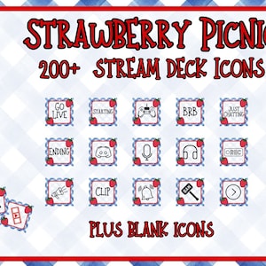 Puede incluir: Gráfico digital con temática de picnic de fresas con más de 200 iconos de Stream Deck. Los iconos están en pequeños cuadrados con un borde de fresas. El texto incluye "Configuración", "Marcas", "Streaming", "Organización", "Varios", "Rellenos", "Fondos de pantalla" y "2 opciones de color".