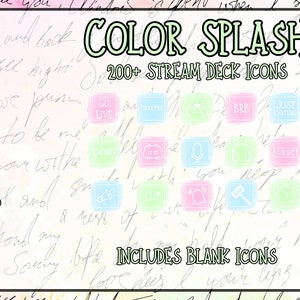 May include: A digital illustration of a pink, green, and blue colour palette with the text "COLOR SPLASH" and "200+ STREAM DECK ICONS". The image also includes the text "SETTINGS", "BRANDS", "STREAMING", "ORGANIZATION", "MISC", "3 COLOR OPTIONS", "WALLPAPERS", "BLANK ICONS", and "INCLUDES BLANK ICONS".