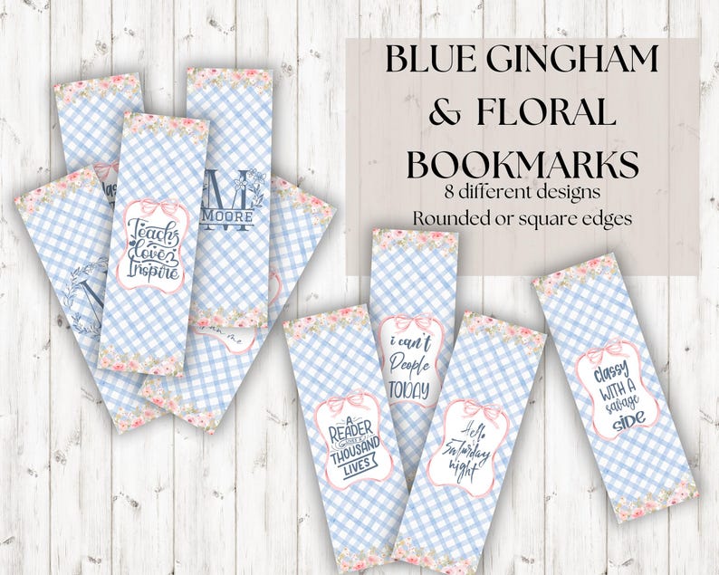 Blue Gingham and Floral Bookmarks | Sassy | Monogram | Teacher - Etsy