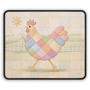 May include: A square mousepad with a colourful illustration of a patchwork chicken walking across a farm scene. The chicken is made of pastel-coloured squares. A sun, fence, and small house are in the background.