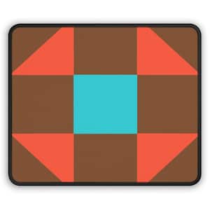 May include: A rectangular mouse pad featuring a geometric pattern with a central bright turquoise square, surrounded by four brown squares and four coral orange triangles arranged in a symmetrical grid, all enclosed by a black stitched border.