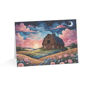 Cartes de voeux pour la Fête des Mères - Grange brune et coucher de soleil rose