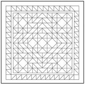 May include: A square quilt pattern featuring a black and white geometric design composed of numerous triangles and squares. The central area displays a large diamond motif surrounded by smaller triangular shapes, all enclosed by a border.