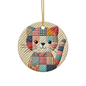 Patchwork Cat Design Ceramic Ornament