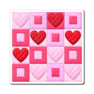 Pode incluir: Um autocolante quadrado com um design de patchwork de corações e quadrados em tons de rosa e vermelho. Os corações são acolchoados e os quadrados são sólidos. O design tem um tema de Dia dos Namorados.
