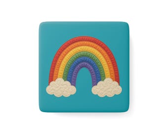 Quilted Rainbow with Clouds Porcelain Magnet | Square Fridge Magnet