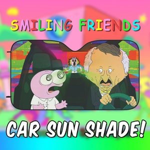 Pare-soleil pour voiture Smiling Friends – Scène Spamtopia | Pim et M. Boss | Pare-soleil automatique amusant | Accessoire de voiture de dessin animé