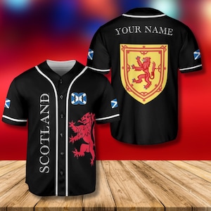 Custom Scotland Baseball Jersey in Black with Lion Rampant Crest, Saltire Sleeve Patches, Personalized Name Option