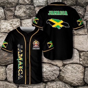 Custom Jamaica Baseball Jersey in Black with Flag Map and Coat of Arms, Personalized Name Option, Jamaican Pride Sports Fan Gift Shirt