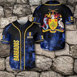 Custom Barbados Baseball Jersey with Smoke Print, Coat of Arms Back, Trident Patch Sleeves, Personalized Name Option, Caribbean Pride Gift