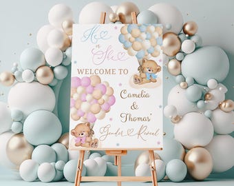 Teddy Bear Gender Reveal Welcome Sign: Pink & Blue Balloons (Digital)