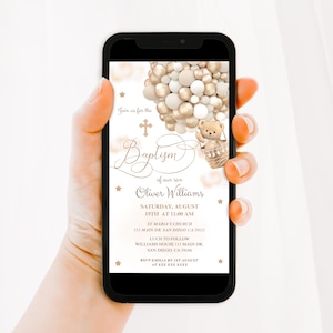 Baptism Invitation Editable Template, Bear Themed Baptism Invite, Christening Evite, Digital Baptism Invitation, Boy Girl Cute Phone Invite