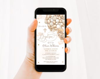 Baptism Invitation Teddy Bear With Balloons, Gender Neutral Phone Sized Invite (Digital Template Canva)
