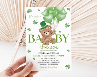 St. Patrick's Day Baby Shower Invitation,  Bear Shamrock Canva Template 5x7 size