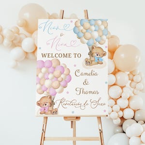 Spanish Teddy Bear Gender Reveal Welcome Sign, Oso Espanol Revelación de Género Decor, Niño o Niña Digital Editable Template