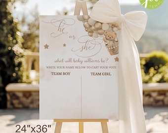 Bear Gender Reveal Voting Sign, He or She Game Poster (24"x36" Digital Download)