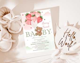 Strawberry Bear Baby Shower Invite: Editable Template (Digital Download 5x7" )