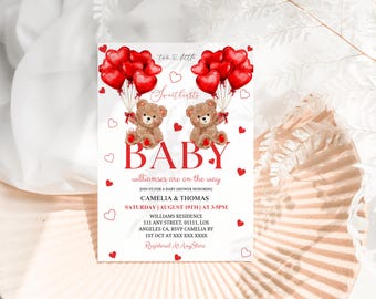 Twins Valentine Baby Shower Invitation: Bear With Red Balloons (Editable 5x7" Template)