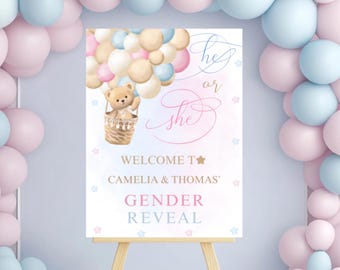 Teddy Bear Gender Reveal Welcome Sign: Hot Air Balloons (Digital)