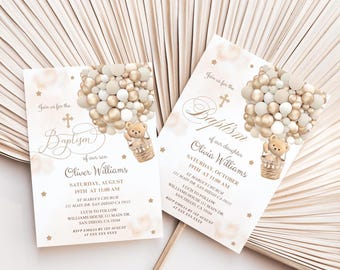 Bear Baptism Invitation Template: Gold Balloons, Gender Neutral (5x7 Digital Download, Canva Edit)