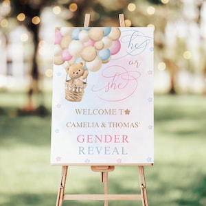 Cartello di benvenuto Bearly Wait Teddy Bear per rivelazione del sesso, poster digitale per rivelazione del sesso del bambino, modello di mongolfiere rosa e blu
