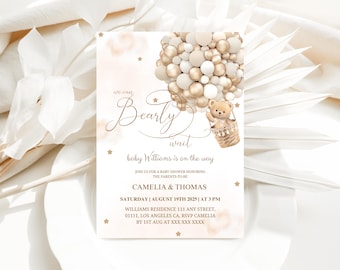 Teddy Bear Baby Shower Invitation: Neutral Balloons, Boho Bear (Digital)