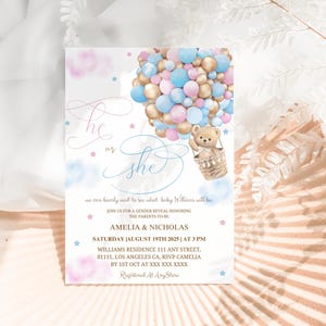 Invitación rosa y azul para revelar el género del bebé, invitación con globos de osito de peluche, plantilla para revelar el género de Bearly Wait, invitación rosa y azul para él o ella