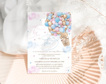 Teddy Bear Gender Reveal Invitation: Pink & Blue Balloons (Digital Download)