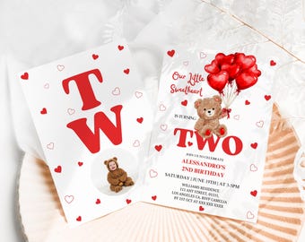 2nd Birthday Photo Invitation, Valentine Sweetheart Teddy Bear Themed Invite, Red Heart Balloons (Canva Editable Template)