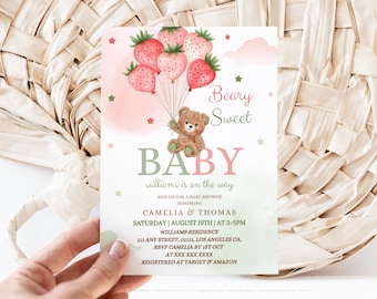 Strawberry Bear Baby Shower Invitation Template (Editable Digital)