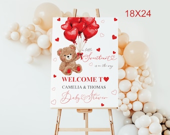 Placa de boas-vindas para chá de bebê com ursinho de pelúcia: corações vermelhos e balões (digital)