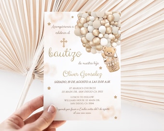 Spanish Baptism Invitation Gender Neutral, Bear Balloons Christening Party Invite 5x7 size