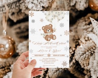 Winter Baby Shower Gender Neutral Invitation (Editable Template Canva) Baby it's Cold Outside, Bear Snowflakes Evite
