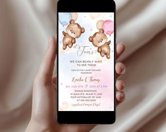 Twins Baby Shower Evite: Teddy Bear Balloons (Digital)