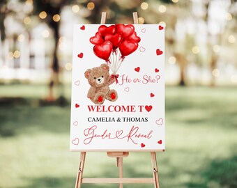 Teddy Bear Gender Reveal Welcome Sign: Valentine Bear with Red Balloons Signage (Digital)