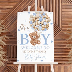 Cartello di benvenuto per baby shower con palloncini blu orso, poster digitale per baby shower con scritta "It's A Boy Bear", decorazioni per baby shower con cuori e palloncini orsetto